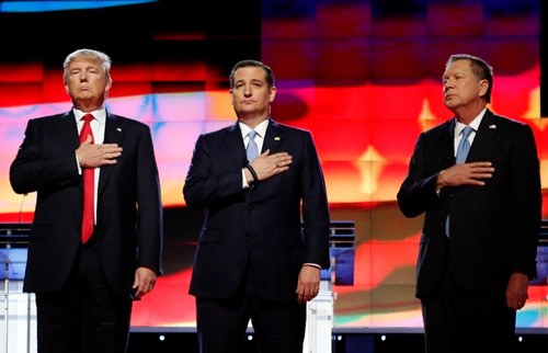 Ba ứng viên còn lại trong cuộc tranh cử tổng thống của đảng Cộng hòa, (từ trái sang) Donald Trump, Ted Cruz, vàJohnKasich. Ảnh:Reuters