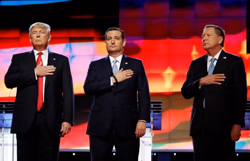 Ba ứng viên còn lại trong cuộc tranh cử tổng thống của đảng Cộng hòa, (từ trái sang) Donald Trump, Ted Cruz, vàJohnKasich. Ảnh:Reuters Ba ứng viên còn lại trong cuộc tranh cử tổng thống của đảng Cộng hòa, (từ trái sang) Donald Trump, Ted Cruz, vàJohnKasich. Ảnh:Reuters
