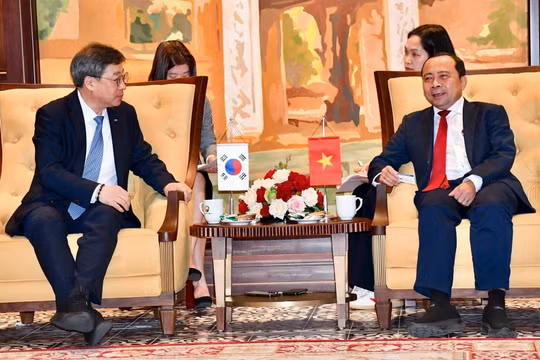 Thứ trưởng Thường trực Vũ Hải Quân làm việc với Chủ tịch NIPA Park Yunkyu.