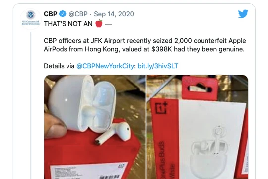 Hình ảnh tai nghe OnePlus Buds đăng trên Twitter của CBP và phản hồi của OnePlus Mỹ.