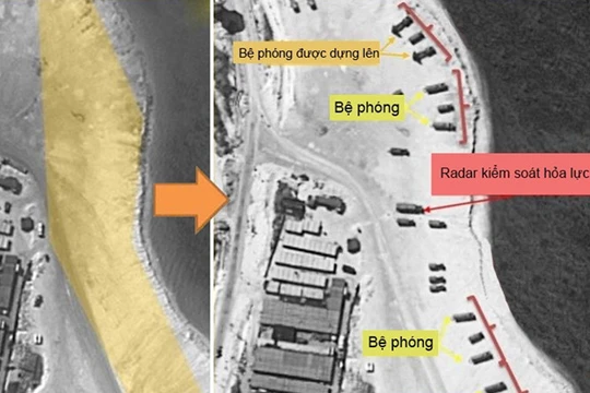 Hình ảnh chụp từ vệ tinh tại Phú Lâm trước và sau khi Trung Quốc triển khai tên lửa - Ảnh: Fox News/Đồ họa: