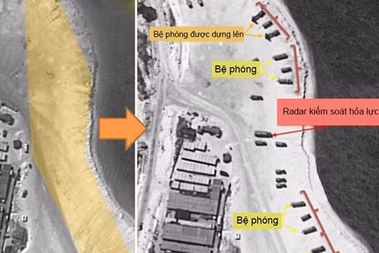 Hình ảnh chụp từ vệ tinh tại Phú Lâm trước và sau khi Trung Quốc triển khai tên lửa - Ảnh: Fox News/Đồ họa: