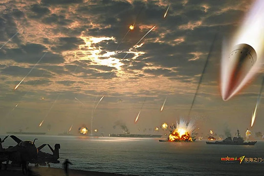 Tướng diều hâu Doãn Trác nhấn mạnh Trung Quốc sẽ khai hỏa để cảnh cáo Mỹ. Dân mạng Trung Quốc thời gian gần đây luôn đưa ra những hình ảnh về kịch bản Trung Quốc tấn công hạm đội tàu sân bay Mỹ như trên (ảnh minh họa)