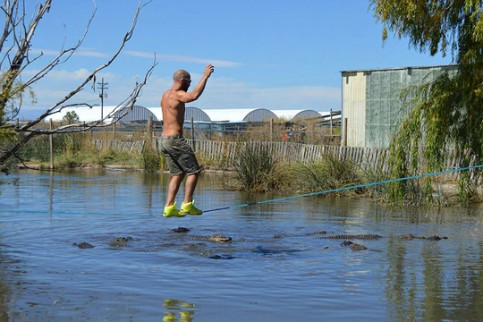 Đứng tim với màn biểu diễn trên dây thép vờn cá sấu