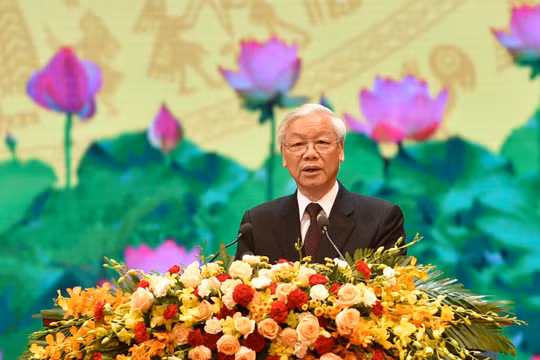 Tổng Bí thư Nguyễn Phú Trọng phát biểu tại Lễ kỷ niệm 70 năm Ngày Thương binh-liệt sĩ. Ảnh: VGP