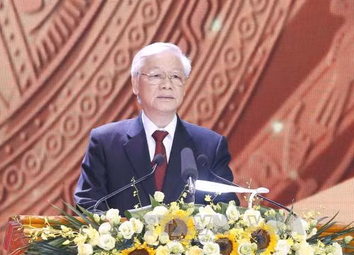 Tổng Bí thư Nguyễn Phú Trọng phát biểu tại Lễ tuyên dương điển hình tiên tiến toàn quốc năm 2017. Ảnh: Doãn Tấn/TTXVN