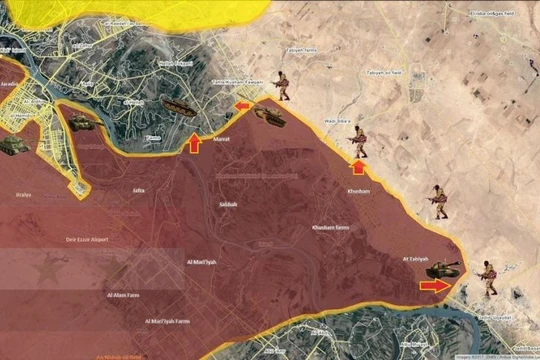 Bản đồ chiến trường khu vực phía đông sông Euphrates quân đội Syria vượt sông tấn công - ảnh South Front