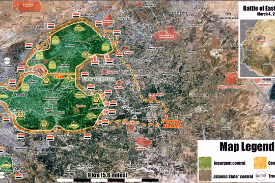 Quân đội Syria còn cách căn cứ Thiết giáp 3,5 km, sẵn sàng chia cắt Đông Ghouta - ảnh minh họa Muraselon