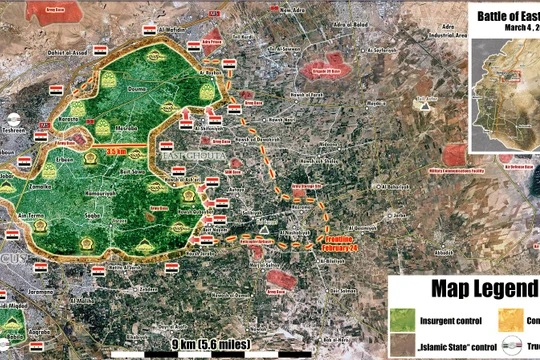 Quân đội Syria còn cách căn cứ Thiết giáp 3,5 km, sẵn sàng chia cắt Đông Ghouta - ảnh minh họa Muraselon