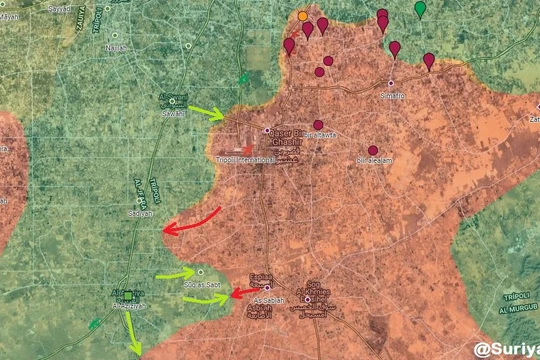 Tình hình chiến sự Libya tính đến ngày 10.05.2019 theo South Front, mầu xanh là GNA, màu đỏ là LNA