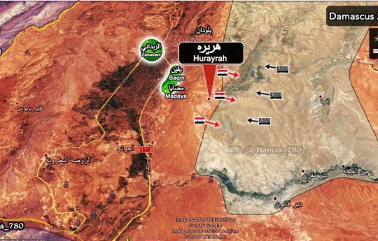 Bàn đồ trận chiến giành thị trấn Hurayrah, ngoại ô Damascus mở rộng