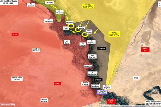 Các mũi tấn công của lực lượng dân quân SDF trên chiến trường thung lũng Euphrates. Ảnh minh họa: South Front.