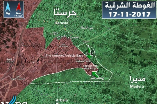 Khu vực chiến trường Căn cứ thiết giáp Đông Ghouta, không có thay đổi kể từ ngày 17.11.2017 - ảnh South Front