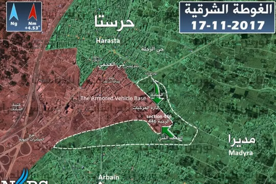Khu vực chiến trường Căn cứ thiết giáp Đông Ghouta, không có thay đổi kể từ ngày 17.11.2017 - ảnh South Front
