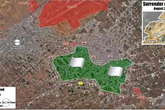 Bản đồ chiến sự thành phố vệ tinh Darayya ngày 26.08.2016