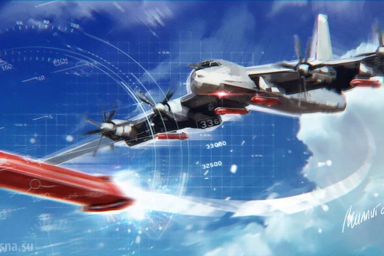 Tên lửa hành trình chiến lược phóng từ trên không Kh-101 và máy bay ném bom chiến lực Tu-95MS. Ảnh: Rusvesna.