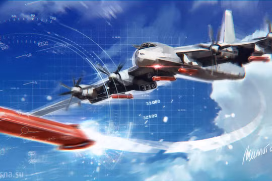 Tên lửa hành trình chiến lược phóng từ trên không Kh-101 và máy bay ném bom chiến lực Tu-95MS. Ảnh: Rusvesna.