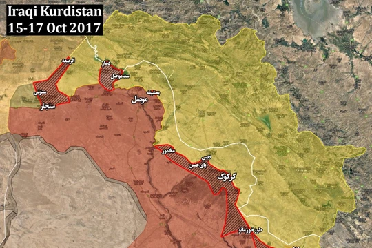 Bản đồ khu vực lực lượng vũ trang Iraq tiến chiếm từ các đơn vị Peshmerga - ảnh South Front