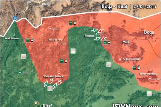 Bản đồ chiến sự vùng Kitaf, biên giới Yemen - Ả rập Xê-út. Ảnh: Masdar News.