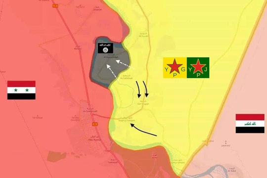 Vùng lãnh địa cuối cùng của IS trong khu vực bờ đông sông Euphrates, Deir Ezzor. Bản đồ: Masdar News.