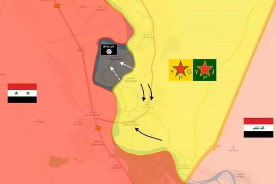 Vùng lãnh địa cuối cùng của IS trong khu vực bờ đông sông Euphrates, Deir Ezzor. Bản đồ: Masdar News.