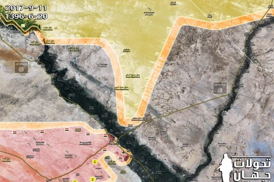 Bản đồ khu vực chiến sự vùng Deir Ezzor - lực lượng dân quân người Kurd tiến công vào ngoại ô thành phố sau chiến thắng của quân đội Syria