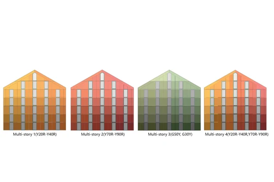 Các thiết kế màu sắc khác nhau với phương pháp pixel hóa cho nhà nhiều tầng. Ảnh Tạp chí Năng lượng mặt trời (2021).
