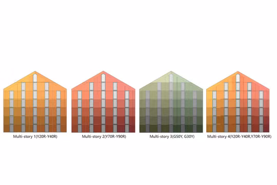 Các thiết kế màu sắc khác nhau với phương pháp pixel hóa cho nhà nhiều tầng. Ảnh Tạp chí Năng lượng mặt trời (2021).