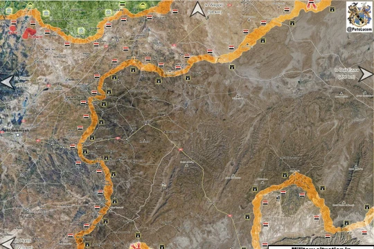 Bản đồ chiến sự vùng phía đông tỉnh Homs, Hama, các mũi tấn công của quân đội Syria trên hướng tây khu mỏ dầu Al-Sha'er.