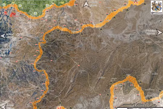 Bản đồ chiến sự vùng phía đông tỉnh Homs, Hama, các mũi tấn công của quân đội Syria trên hướng tây khu mỏ dầu Al-Sha'er.