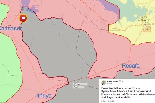 Vùng chiến trường phía đông tuyến đường huyết mạch Ethriyah - Khanasser đến Aleppo, khu vực đang bị IS chiếm đóng