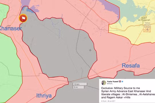 Vùng chiến trường phía đông tuyến đường huyết mạch Ethriyah - Khanasser đến Aleppo, khu vực đang bị IS chiếm đóng