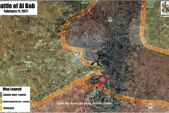 Bản đồ khu vực chiến trường Al-Bab ngày 11.02.2017, quân đội Syria tấn công thị trấn Tadef