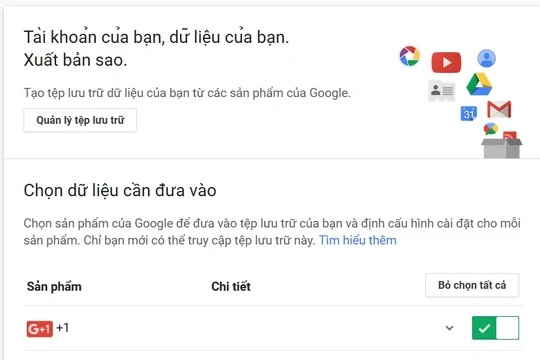 Giao diện sao lưu tài khoản Google