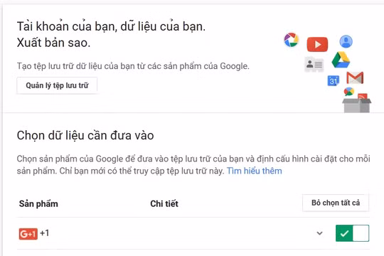 Giao diện sao lưu tài khoản Google