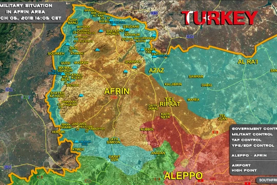 Bản đồ tình hình chiến sự Afrin tính đến ngày 05.03.2018 theo South Front