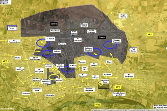 Bản đồ chiến sự Raqqa, vòng tròn xanh là khu vực đang có chiến sự - ảnh truyền thông YPG