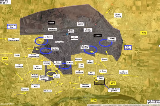 Bản đồ chiến sự Raqqa, vòng tròn xanh là khu vực đang có chiến sự - ảnh truyền thông YPG