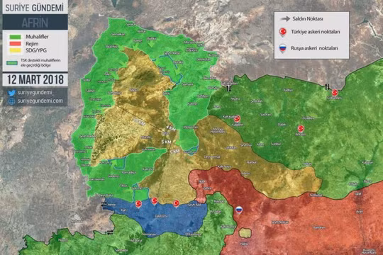 Tình hình chiến sự khu vực Afrin, quân đội Thổ Nhĩ Kỳ còn 5 km trước khi phong tỏa hoàn toàn thành phố Afrin. Ảnh South Front