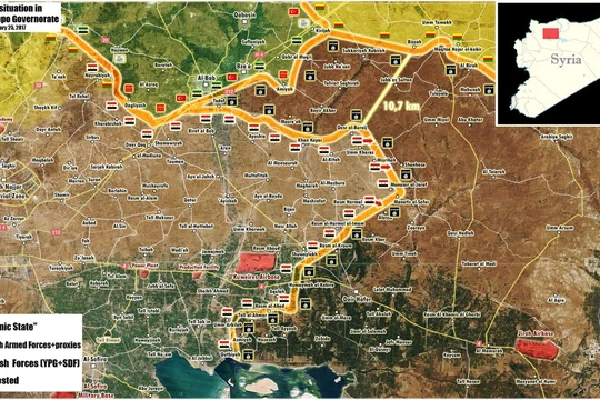 Bản đồ chiến sự phía đông Aleppo, chỉ còn hơn 10 km đến khu vực do người Kurd kiểm soát, thế trận đã hình thành