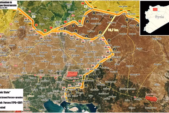Bản đồ chiến sự phía đông Aleppo, chỉ còn hơn 10 km đến khu vực do người Kurd kiểm soát, thế trận đã hình thành