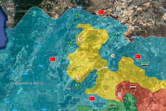 Bản đồ tình hình chiến sự khu vực Afrin, liên quân do Thổ Nhĩ Kỳ lãnh đạo chỉ còn 5 km để phong tỏa thành phố - ảnh truyền thông Thổ Nhĩ Kỳ. 
