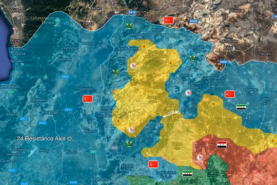 Bản đồ tình hình chiến sự khu vực Afrin, liên quân do Thổ Nhĩ Kỳ lãnh đạo chỉ còn 5 km để phong tỏa thành phố - ảnh truyền thông Thổ Nhĩ Kỳ. 