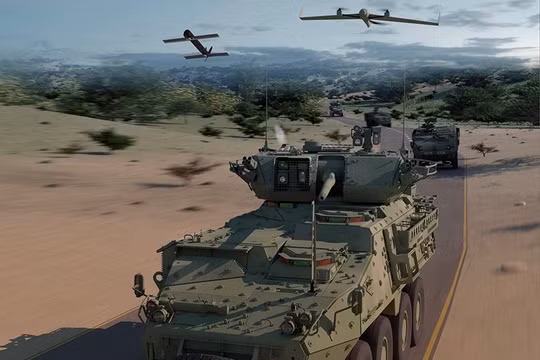 Xe thiết giáp Stryker của tập đoàn General Dynamics, phối kết hợp với drone trinh sát và tên lửa hành trình tự sát. Ảnh minh họa: Popular Mechanic.