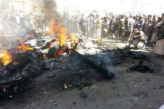 Chiếc máy bay không người lái MQ-9 Reaper bị bắn rơi ở Yemen - ảnh truyền thông Houthi