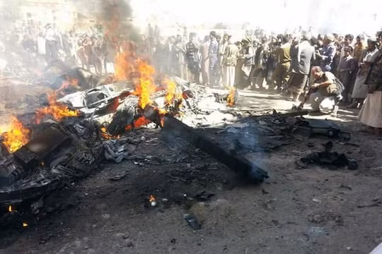 Chiếc máy bay không người lái MQ-9 Reaper bị bắn rơi ở Yemen - ảnh truyền thông Houthi