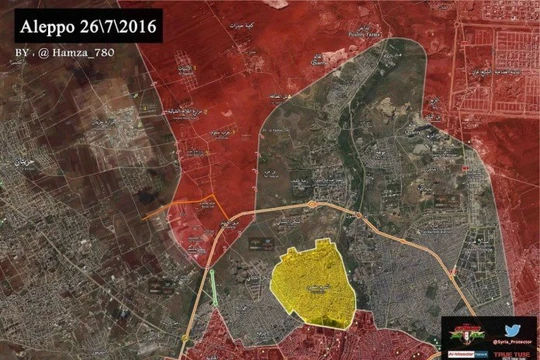 Bản đồ phần diện tích cuối cùng của lực lượng Hồi giáo cực đoan trước khi quân đội Syria hoàn toàn đóng cửa Aleppo