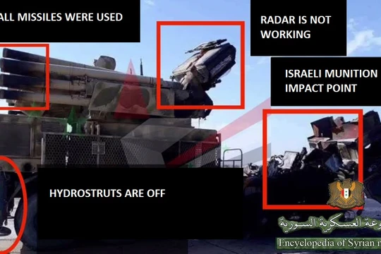 Toàn cảnh chiếc Pantsir -1S bị tên lửa Syria phá hủy ngày 10.05.208. Ảnh Từ điển Bách khoa quân sự facebook.com/Encyclopedia.of.Syrian.militar.