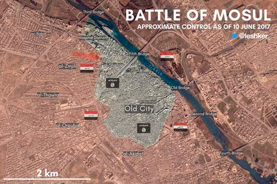 Bản đồ chiến sự thành phố Mosul, chỉ còn khu phố Thành cổ đang bị IS chiếm giữ