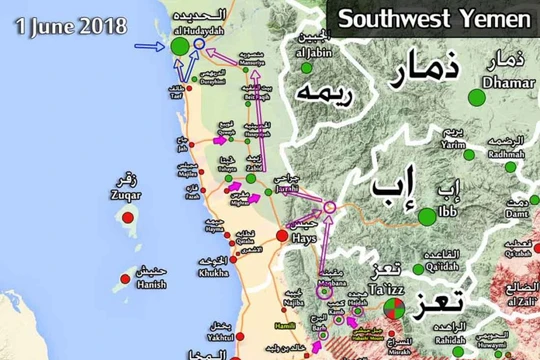 Bản đồ cuộc tấn công của Liên minh quân sự Ả rập Xê út và cuộc phản conong của lực lượng Houthi. Ảnh South Front
